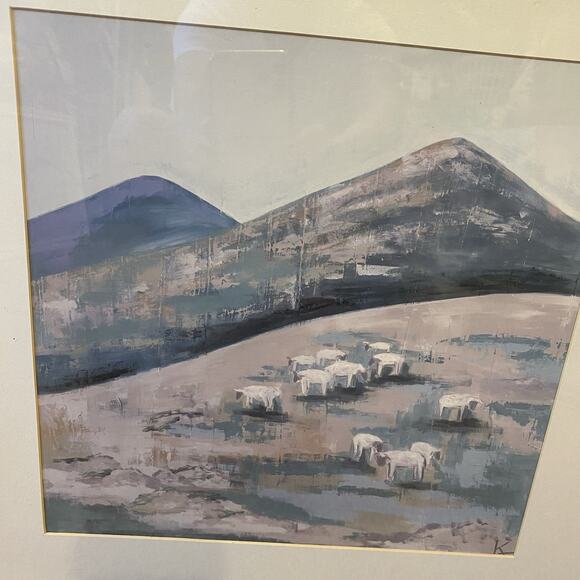 Vintage Abstract Painting ArtPrint Mountain Valley Landscape White Sheep Or Cow - Picture 1 of 6